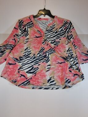 Southern Lady Pink Coral Zebra Floral Henley Tunic Top